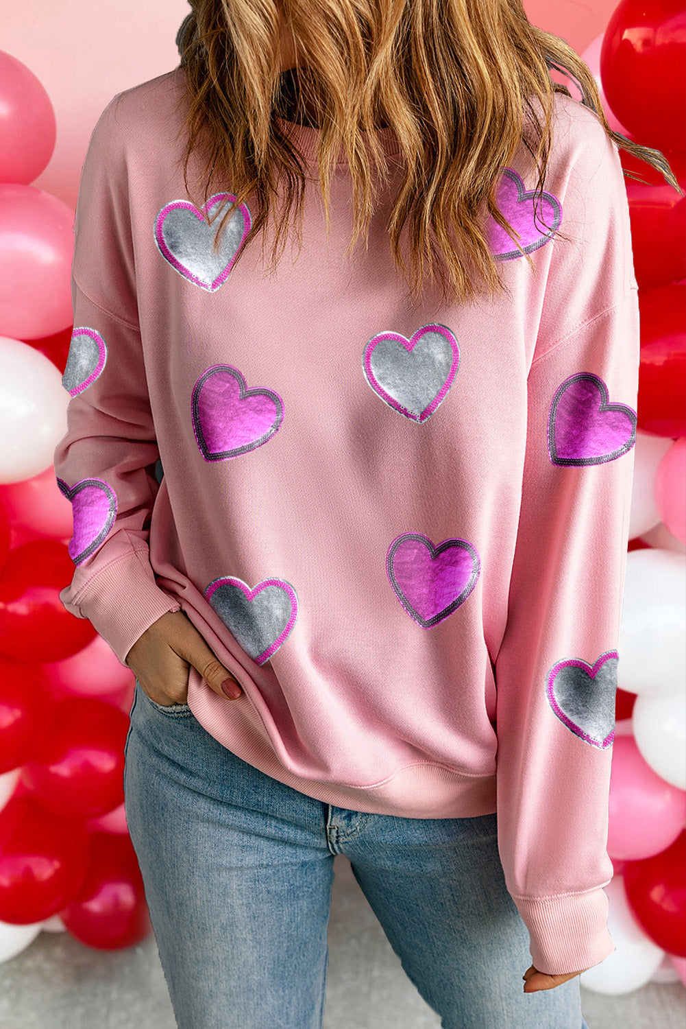 Pink Valentines Heart Patched Drop Shoulder Sweatshirt