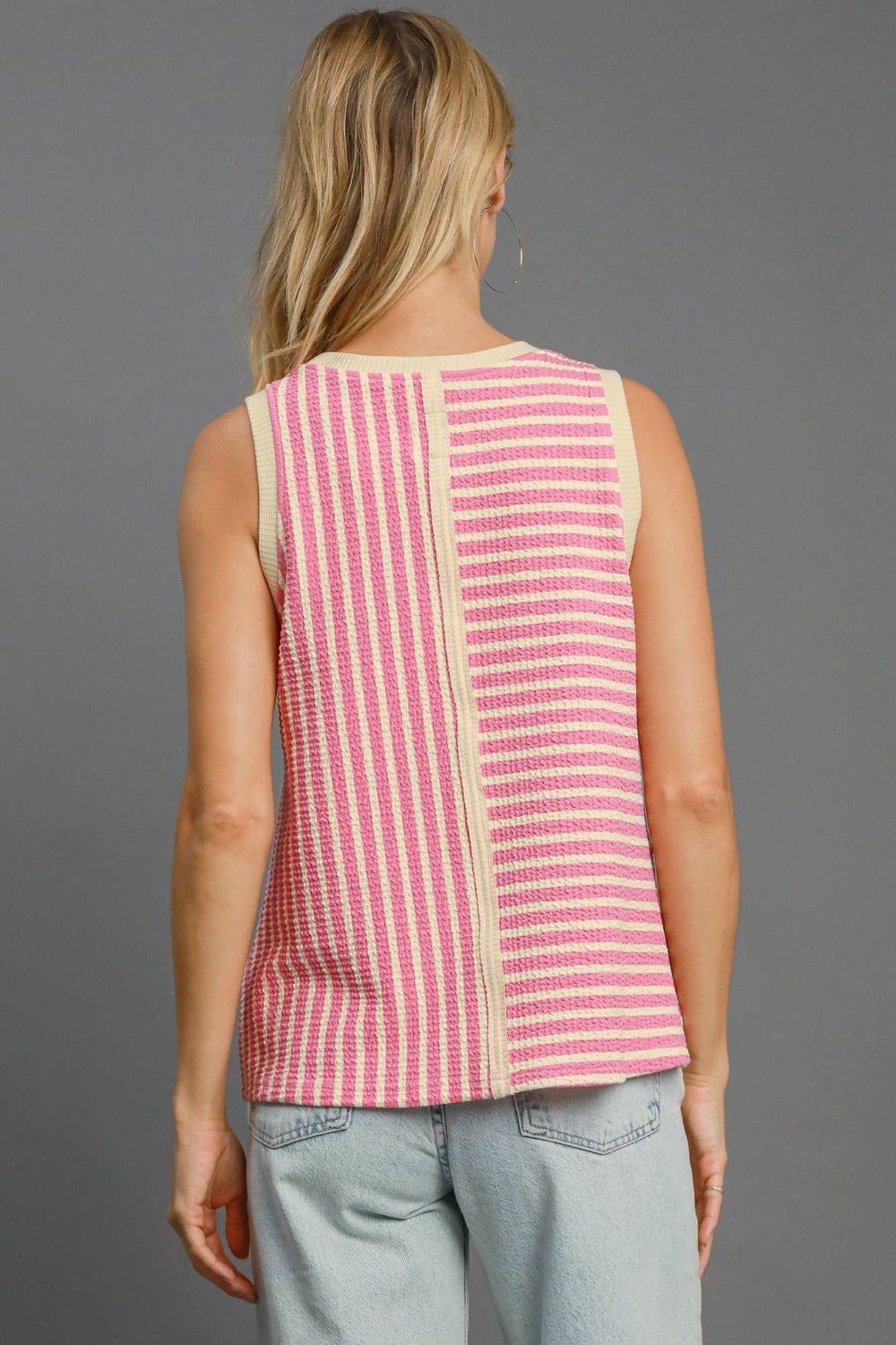 Pink Round Neck Texture Striped Tank