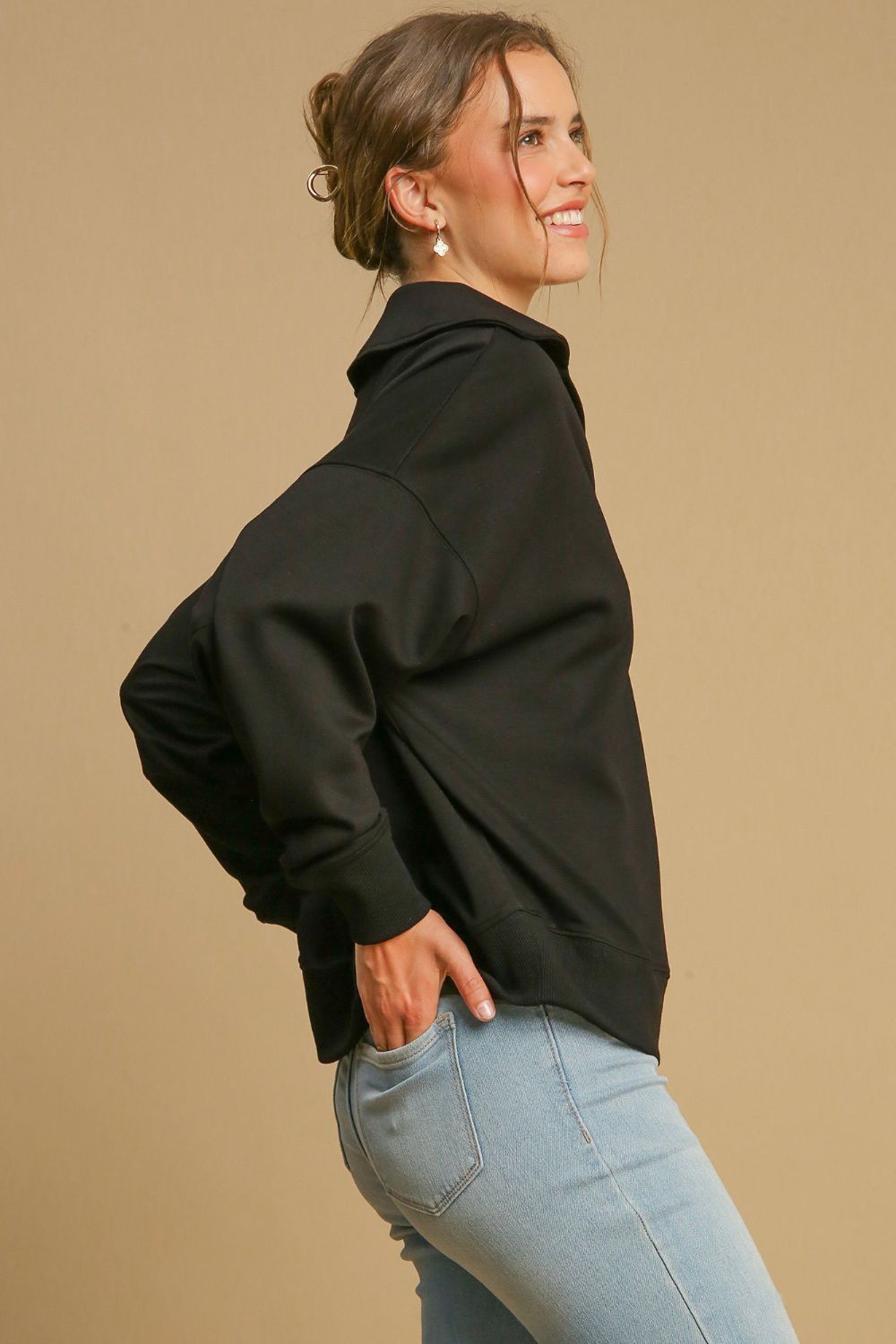 Black Johnny Collar Dropped Shoulder Sweatshirt