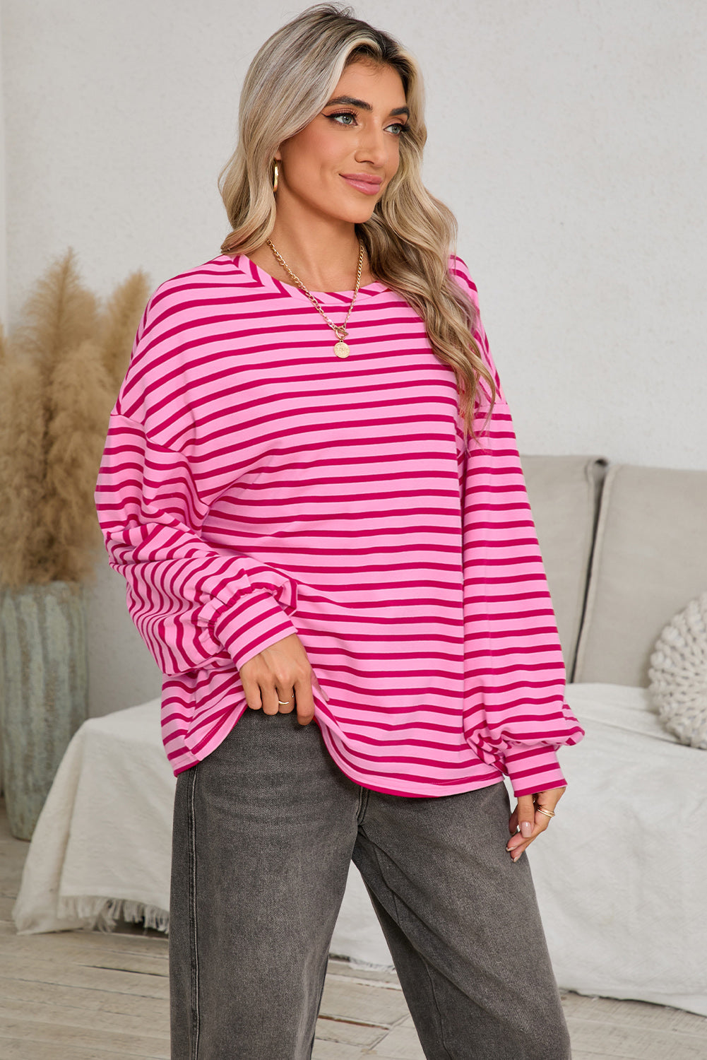 Sachet Pink Striped Oversized Long Sleeve Sweatshirt