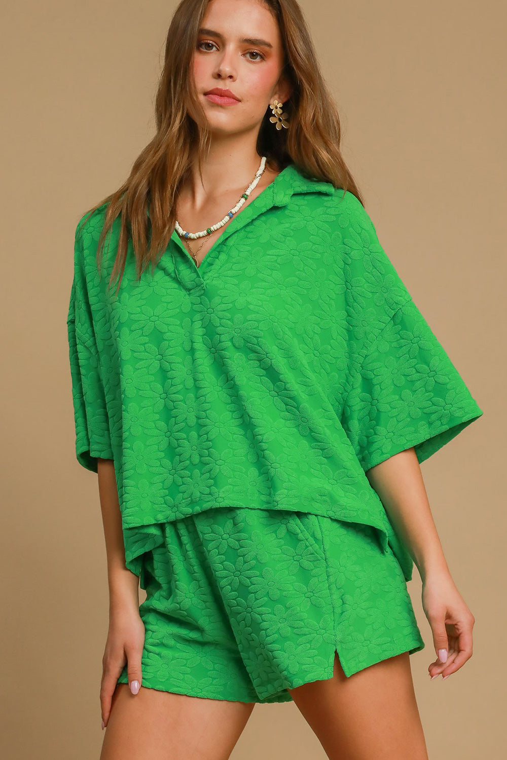 Green Floral Johnny Collar Half Sleeve Jacquard Top