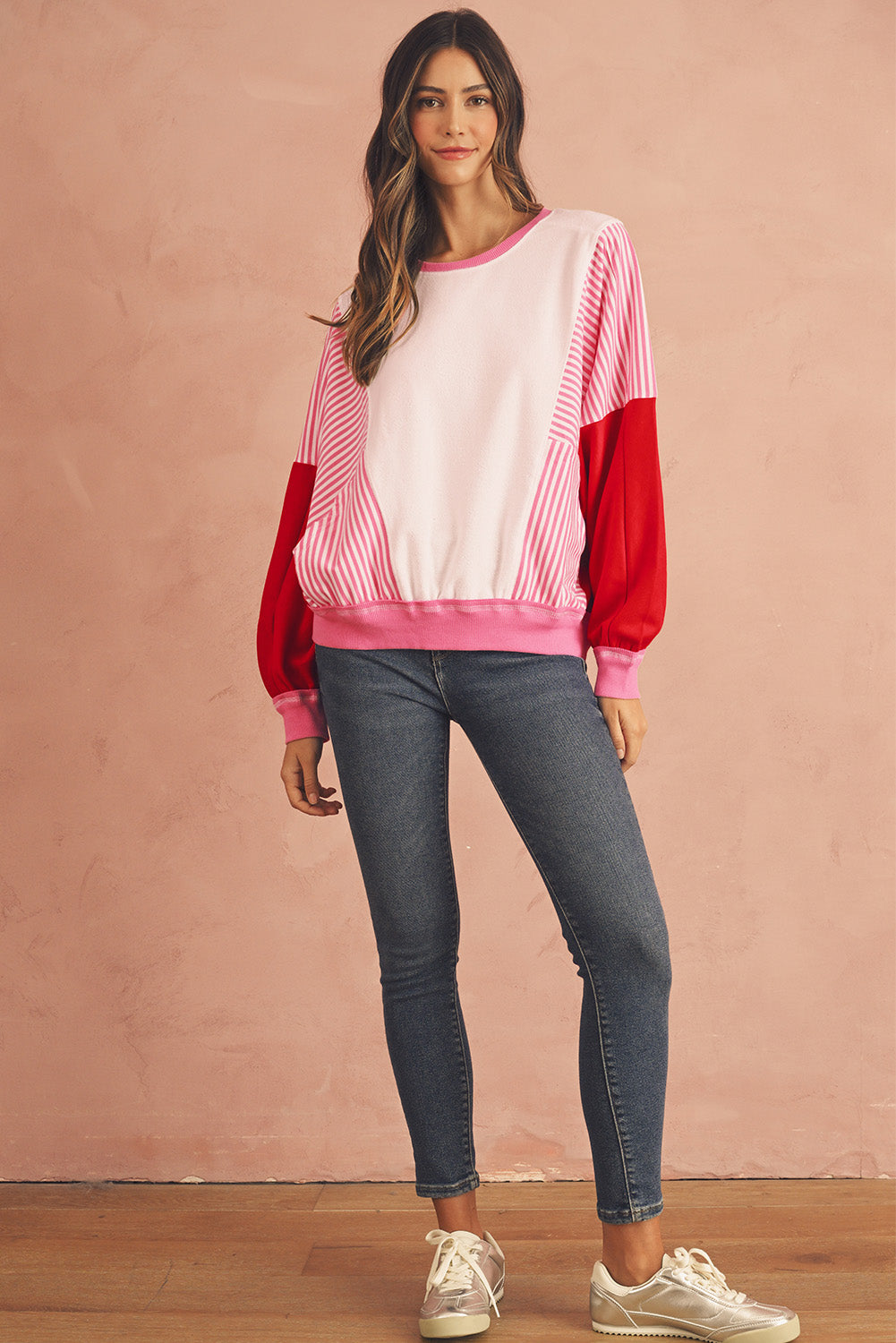 Rose Red Striped Patchwork Side Pocket Loose Sweatshirt