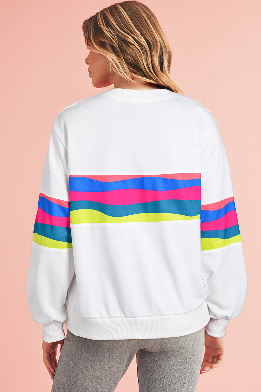 White Colorful Striped Round Neck Long Sleeve Top