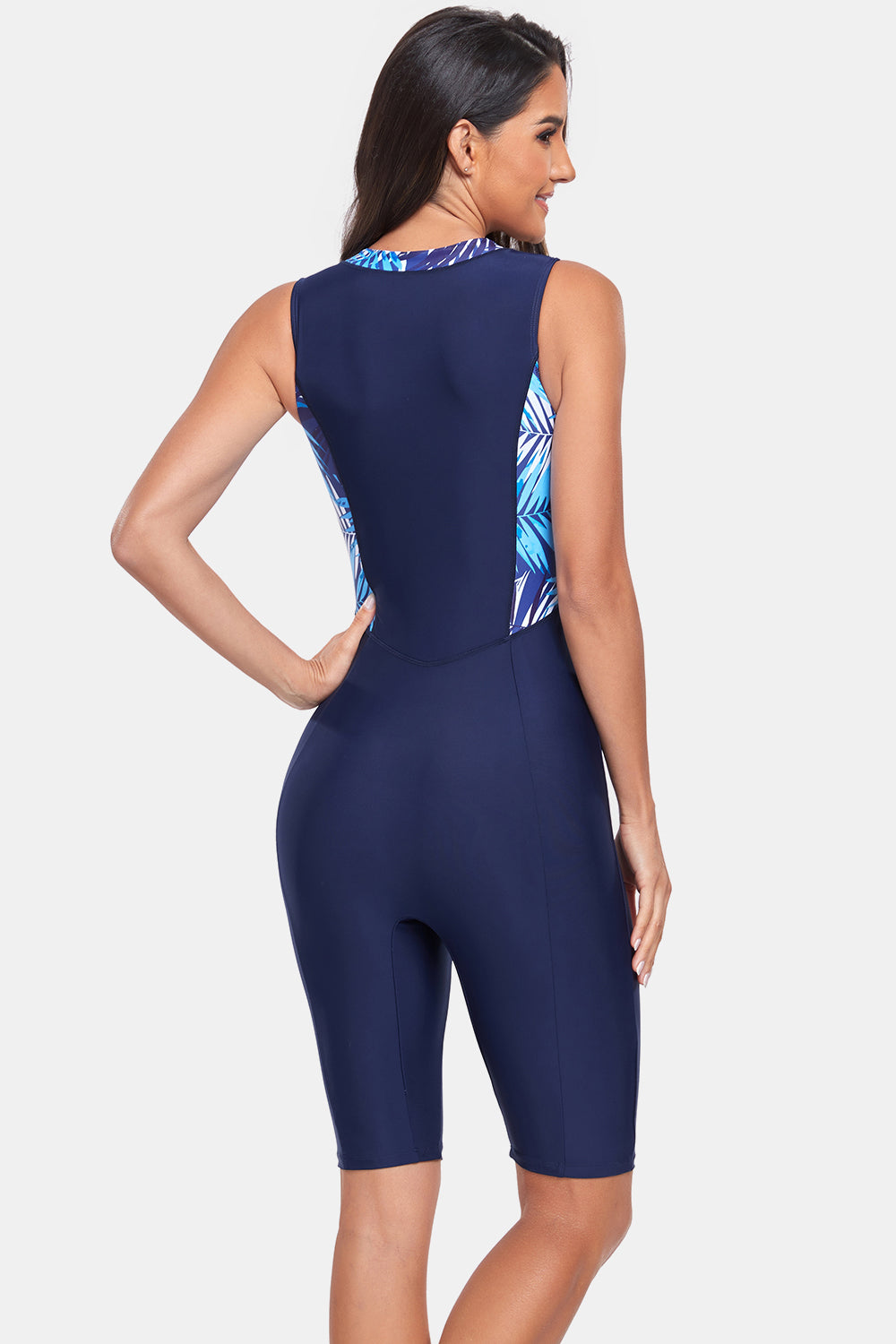 Blue Printed Half Zip Sleeveless One Piece Swimwear