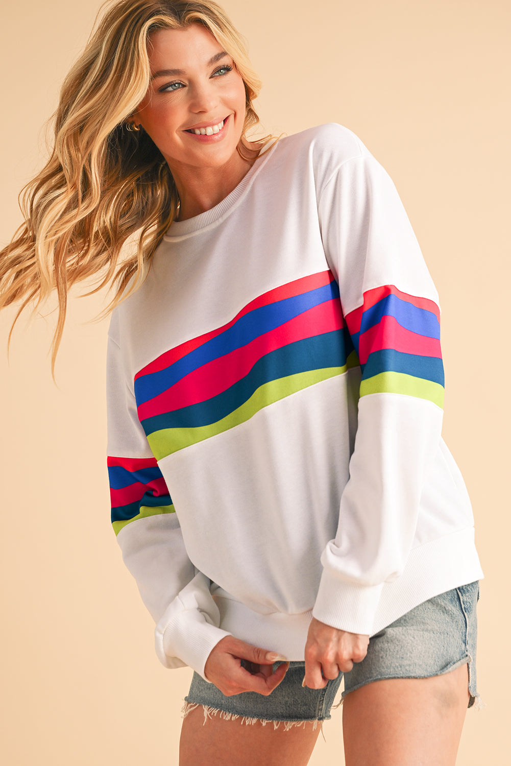 White Colorful Striped Round Neck Long Sleeve Top