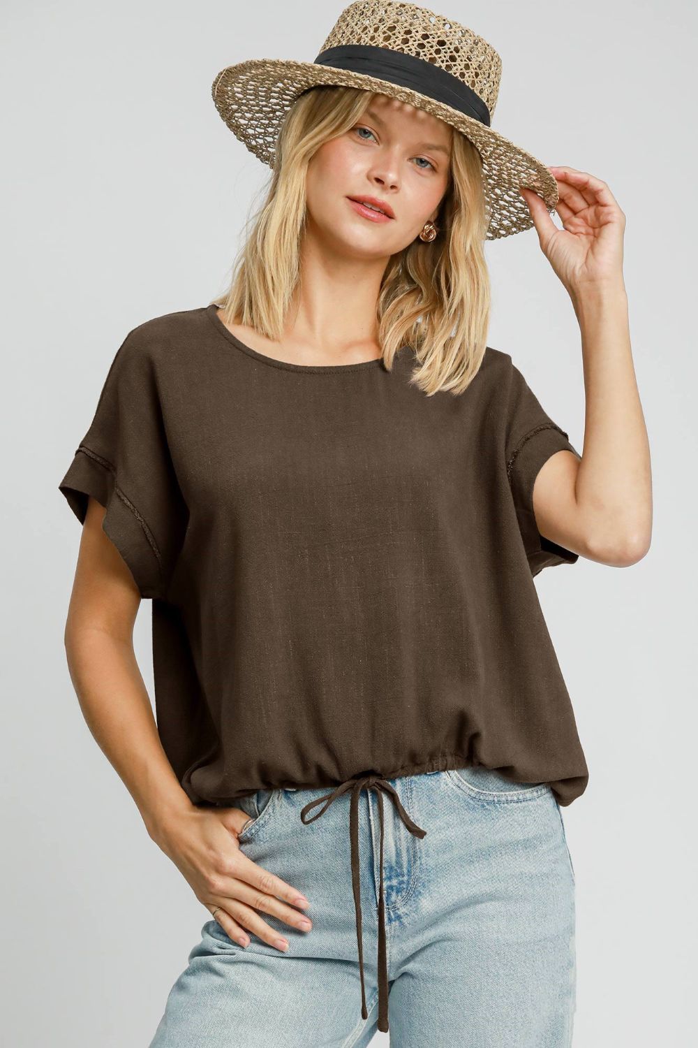 Brown Drawstring Hem Round Neck Short Sleeve T-Shirt