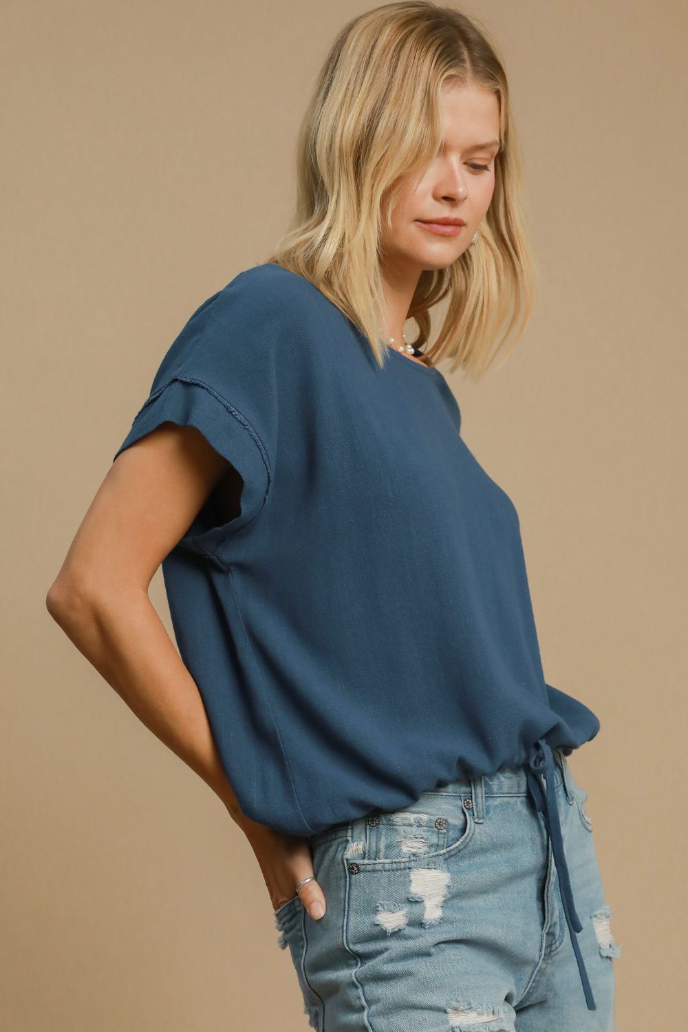 Blue Drawstring Hem Round Neck Short Sleeve T-Shirt