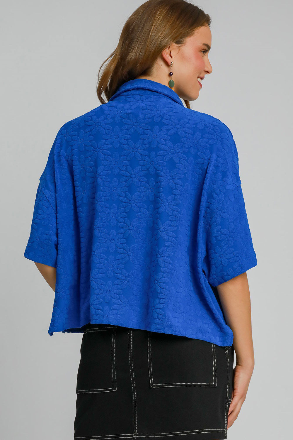 Blue Floral Johnny Collar Half Sleeve Jacquard Top