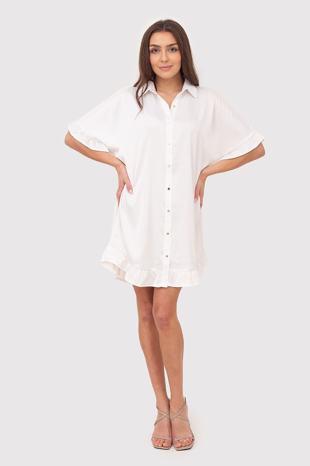 Ax Paris Radiant Collar Ruffle Shirt Dress - White / S - Sport Finesse