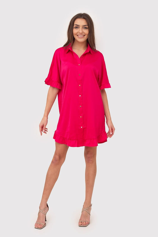 Ax Paris Radiant Collar Ruffle Shirt Dress - Pink / S - Sport Finesse