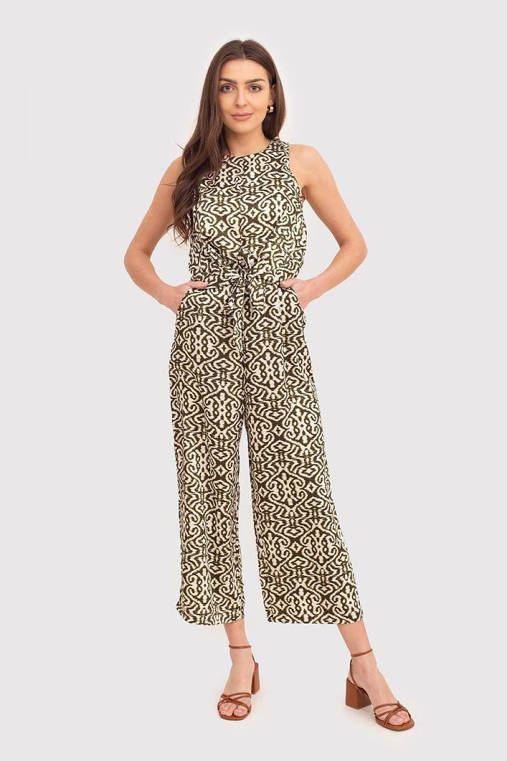 Ax Paris Khaki Cream Dream Zip-Back Jumpsuit