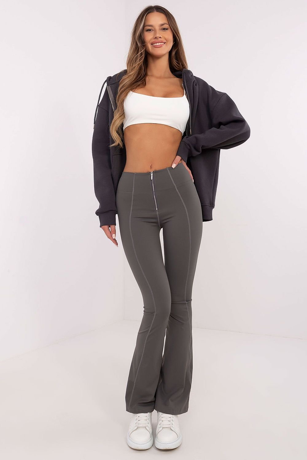 High-Waist Wide-Leg Bell Bottom Leggings with Front Zipper