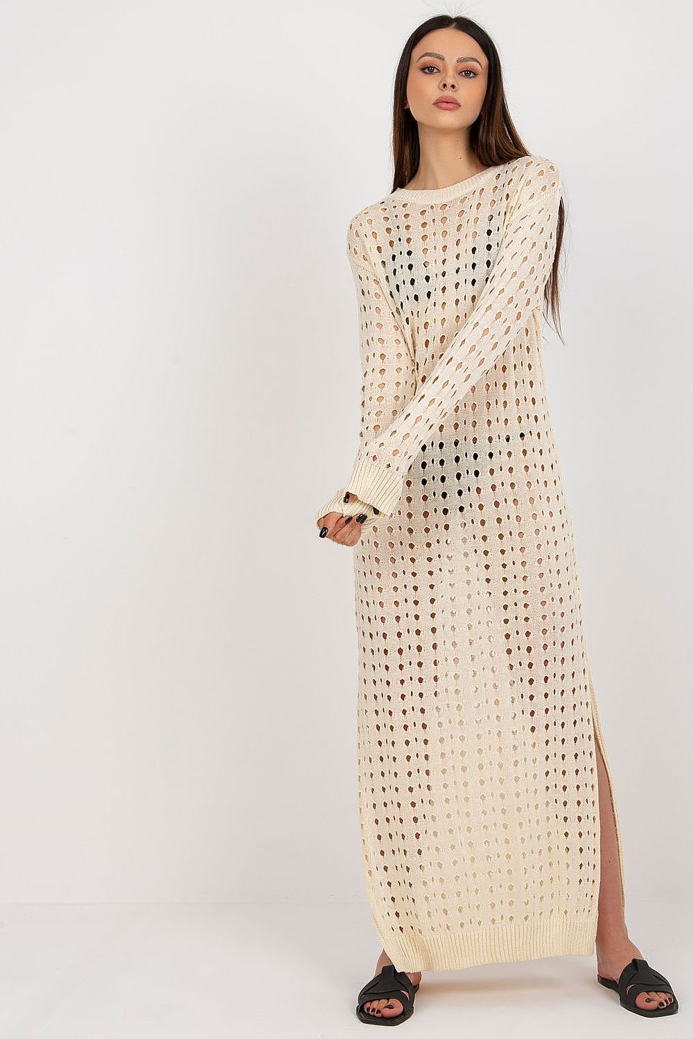 Sunset Stroll -Trendy Openwork Knit Dress with Long Sleeves