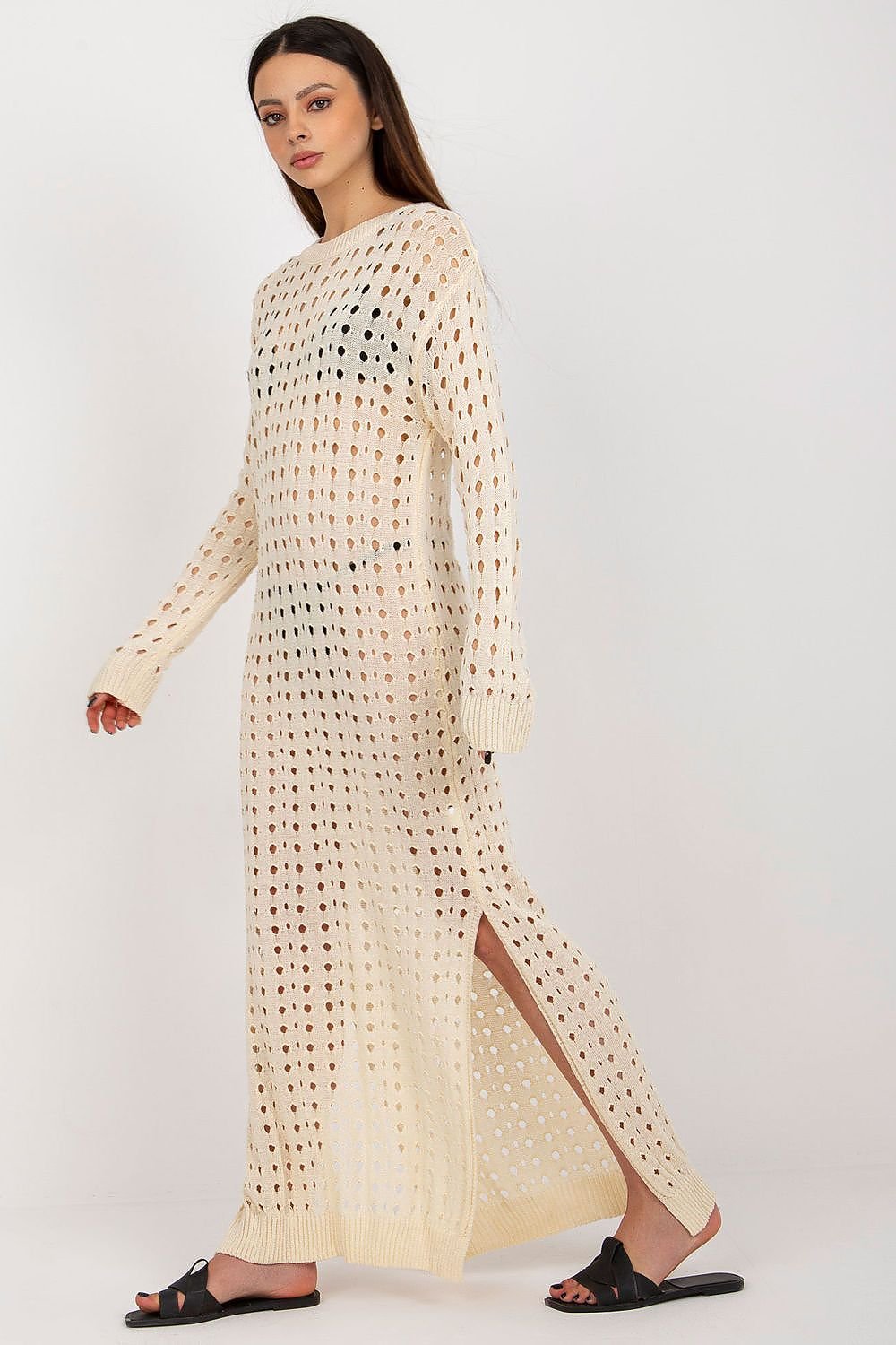 Sunset Stroll -Trendy Openwork Knit Dress with Long Sleeves