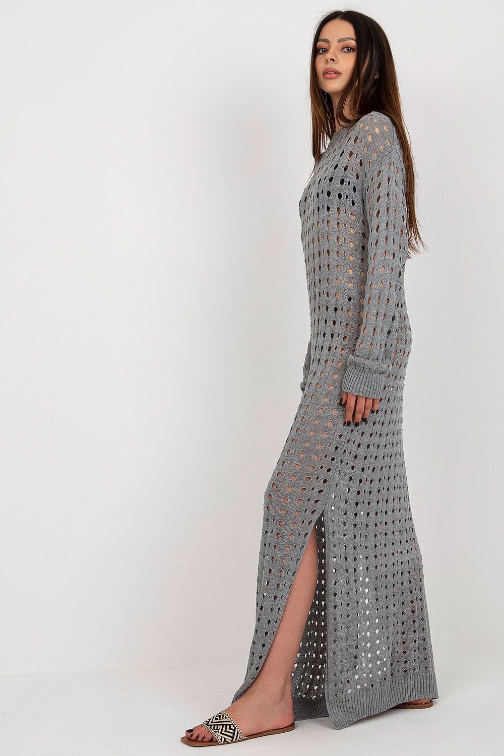 Sunset Stroll -Trendy Openwork Knit Dress with Long Sleeves