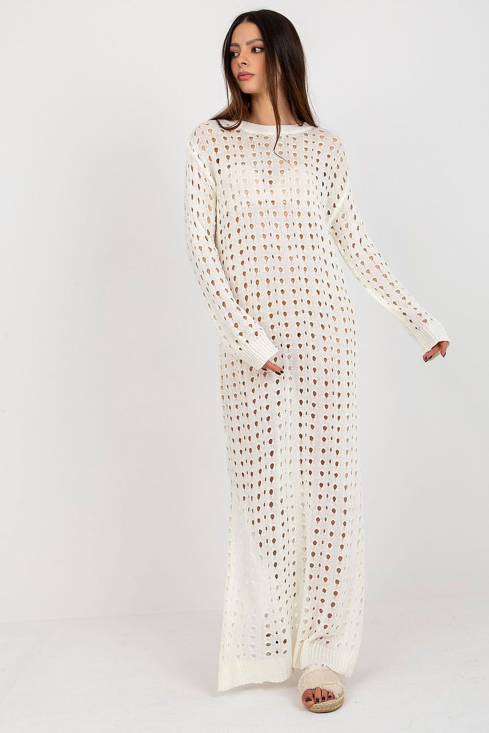 Sunset Stroll -Trendy Openwork Knit Dress with Long Sleeves