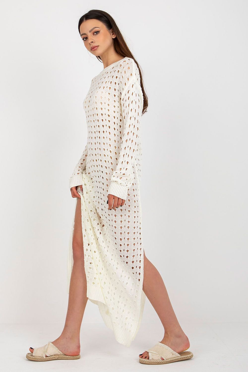 Sunset Stroll -Trendy Openwork Knit Dress with Long Sleeves