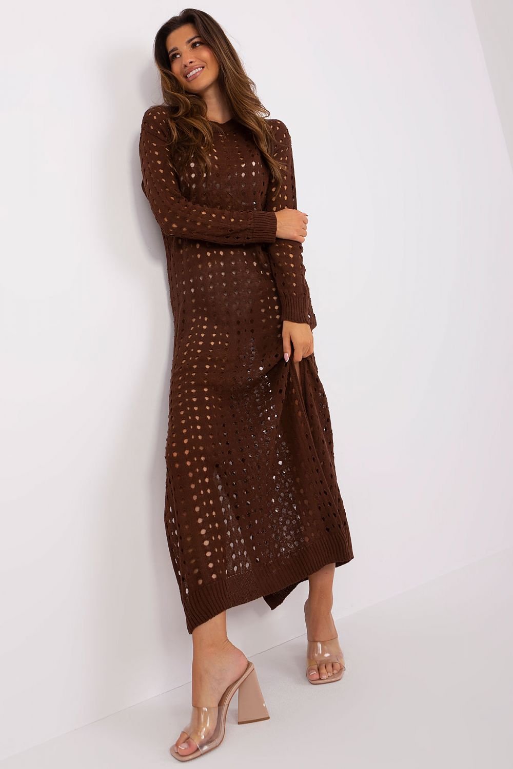 Sunset Stroll -Trendy Openwork Knit Dress with Long Sleeves