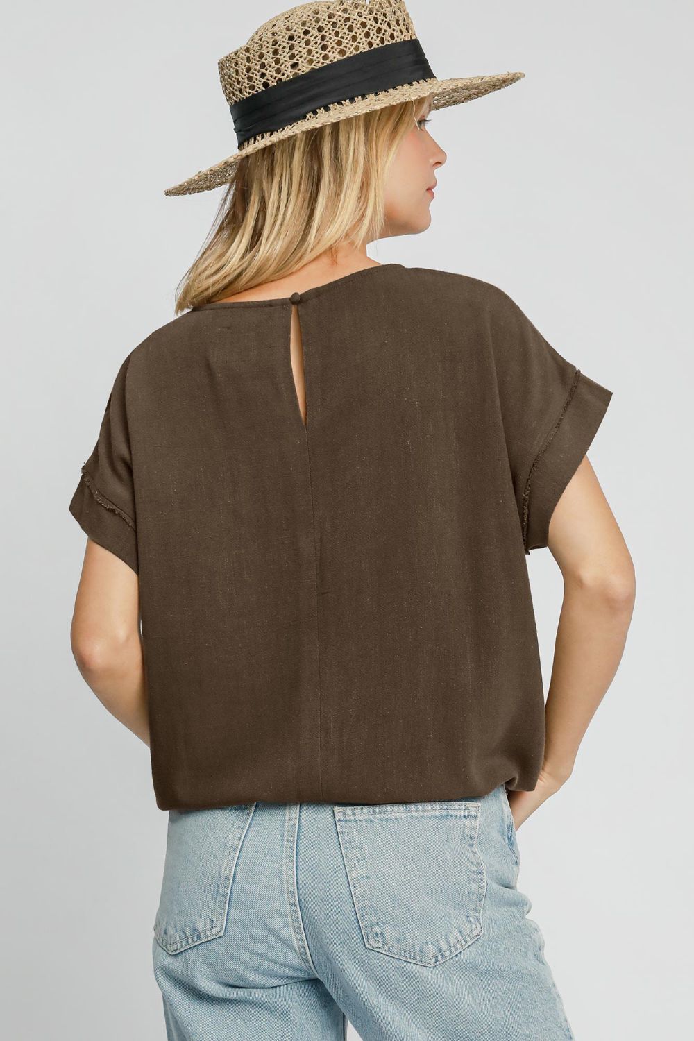 Brown Drawstring Hem Round Neck Short Sleeve T-Shirt