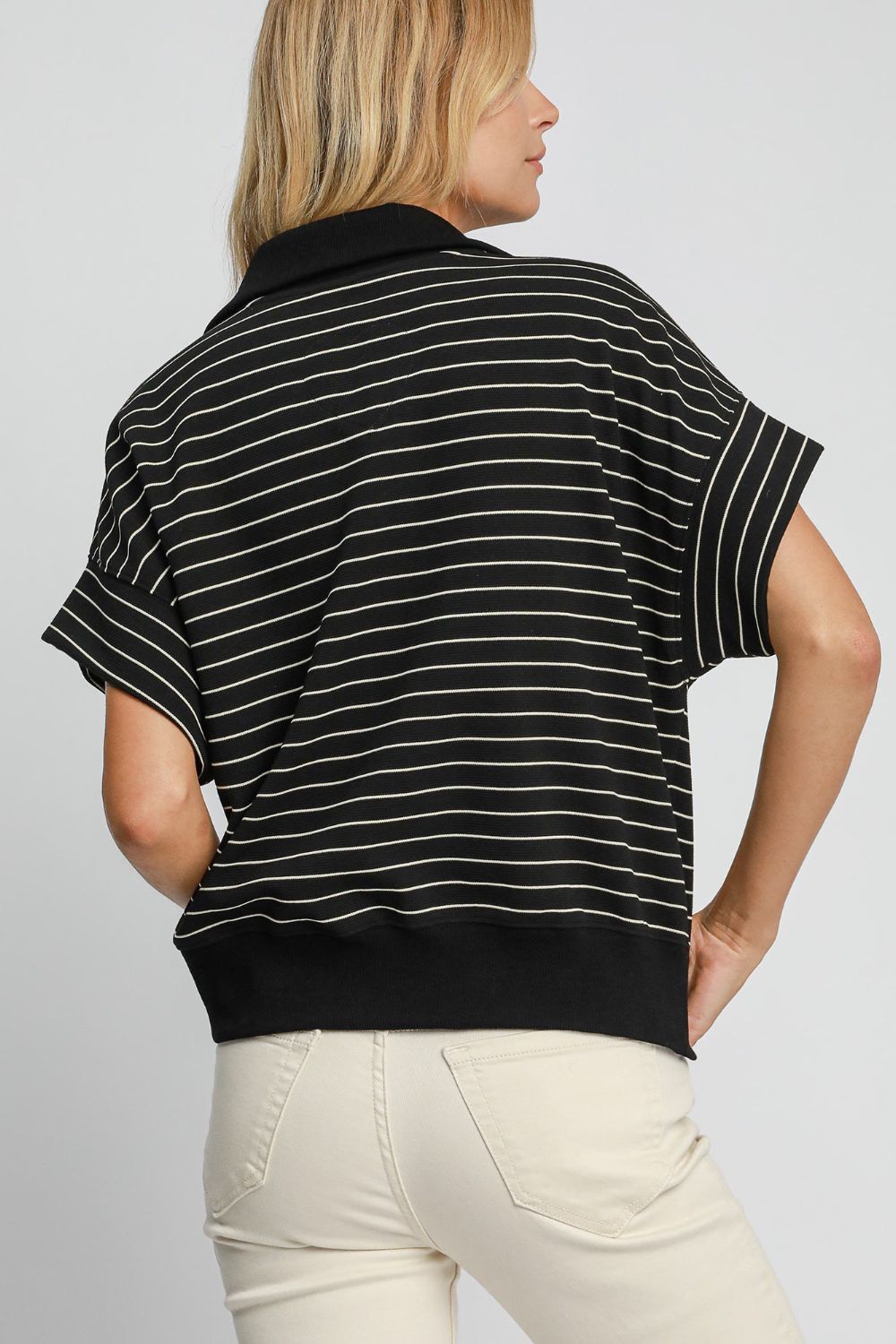 Striped Half Zip Short Sleeve Sweatshirt