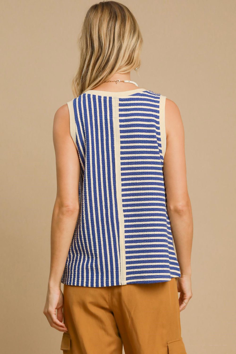 Blue Round Neck Texture Striped Tank