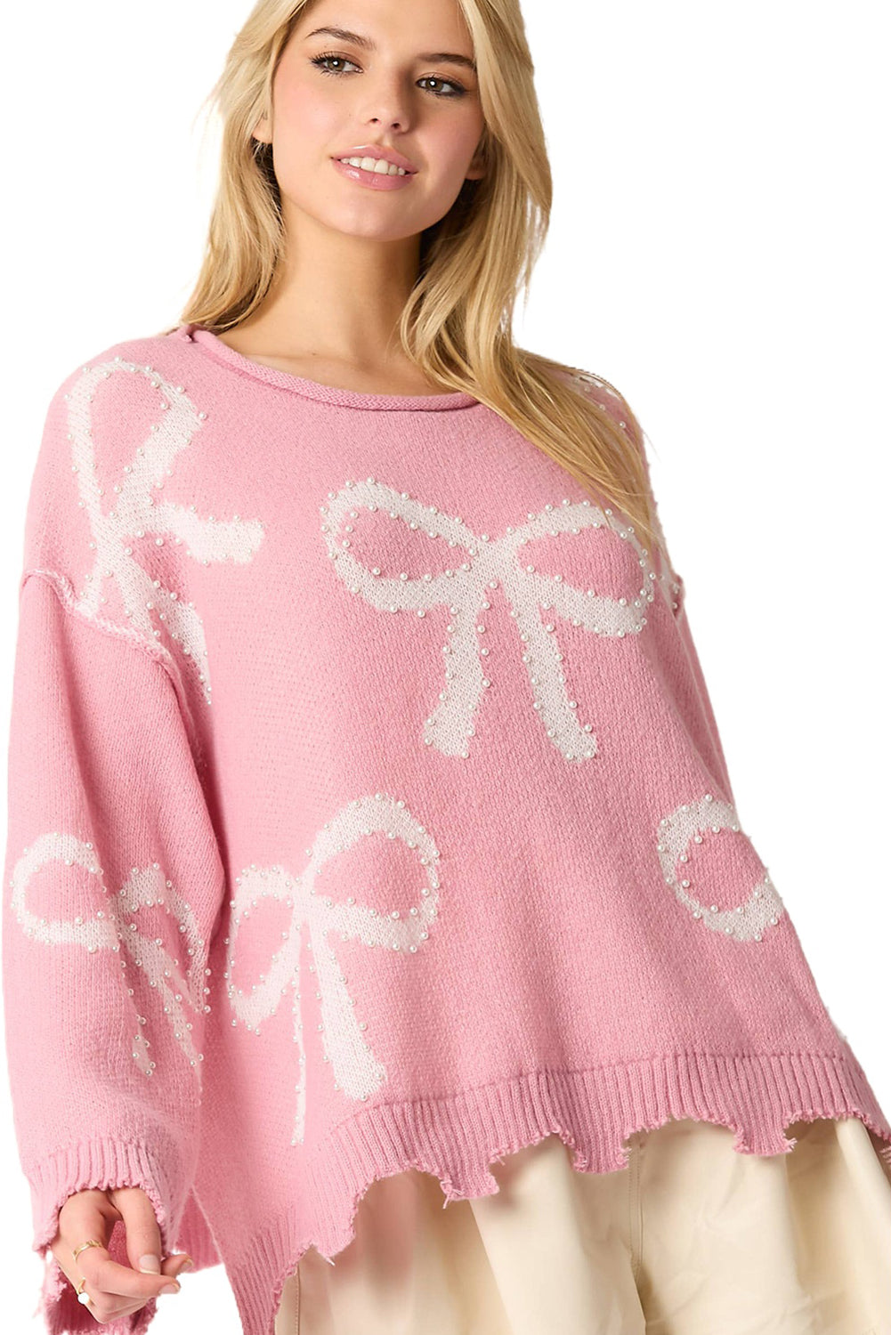 Pink Bow Pattern Pearl Embellished Raw Hem Sweater