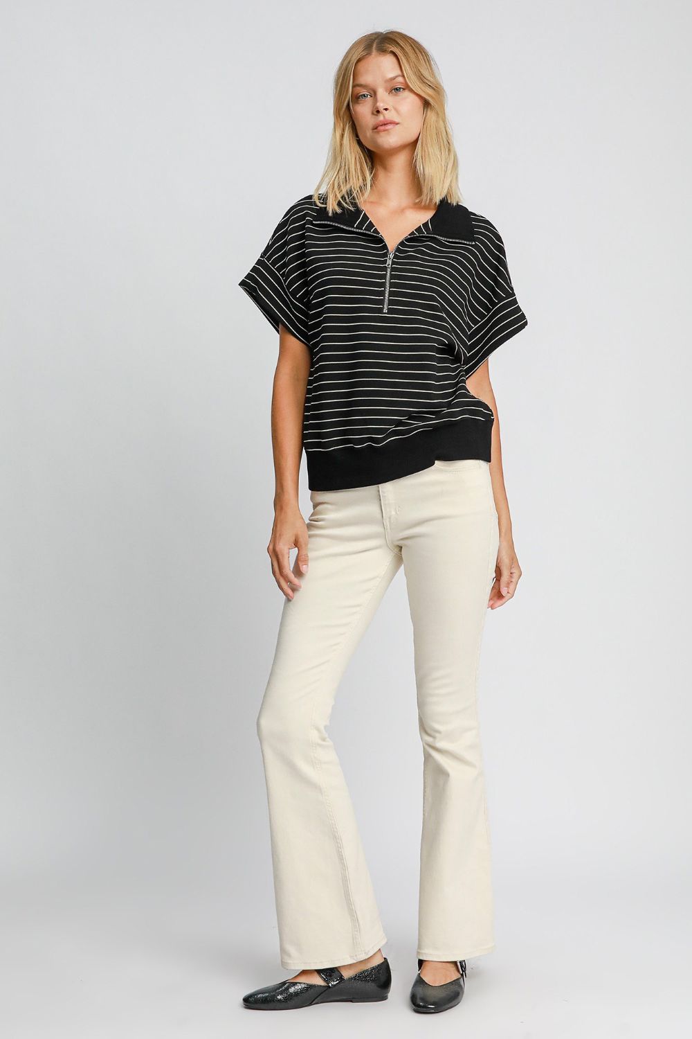 Striped Half Zip Short Sleeve Sweatshirt