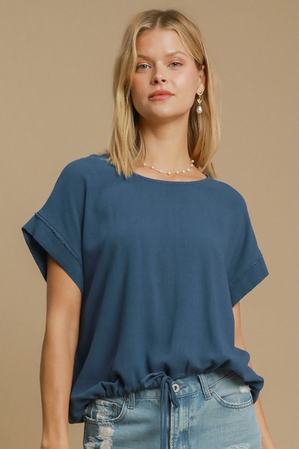 Blue Drawstring Hem Round Neck Short Sleeve T-Shirt