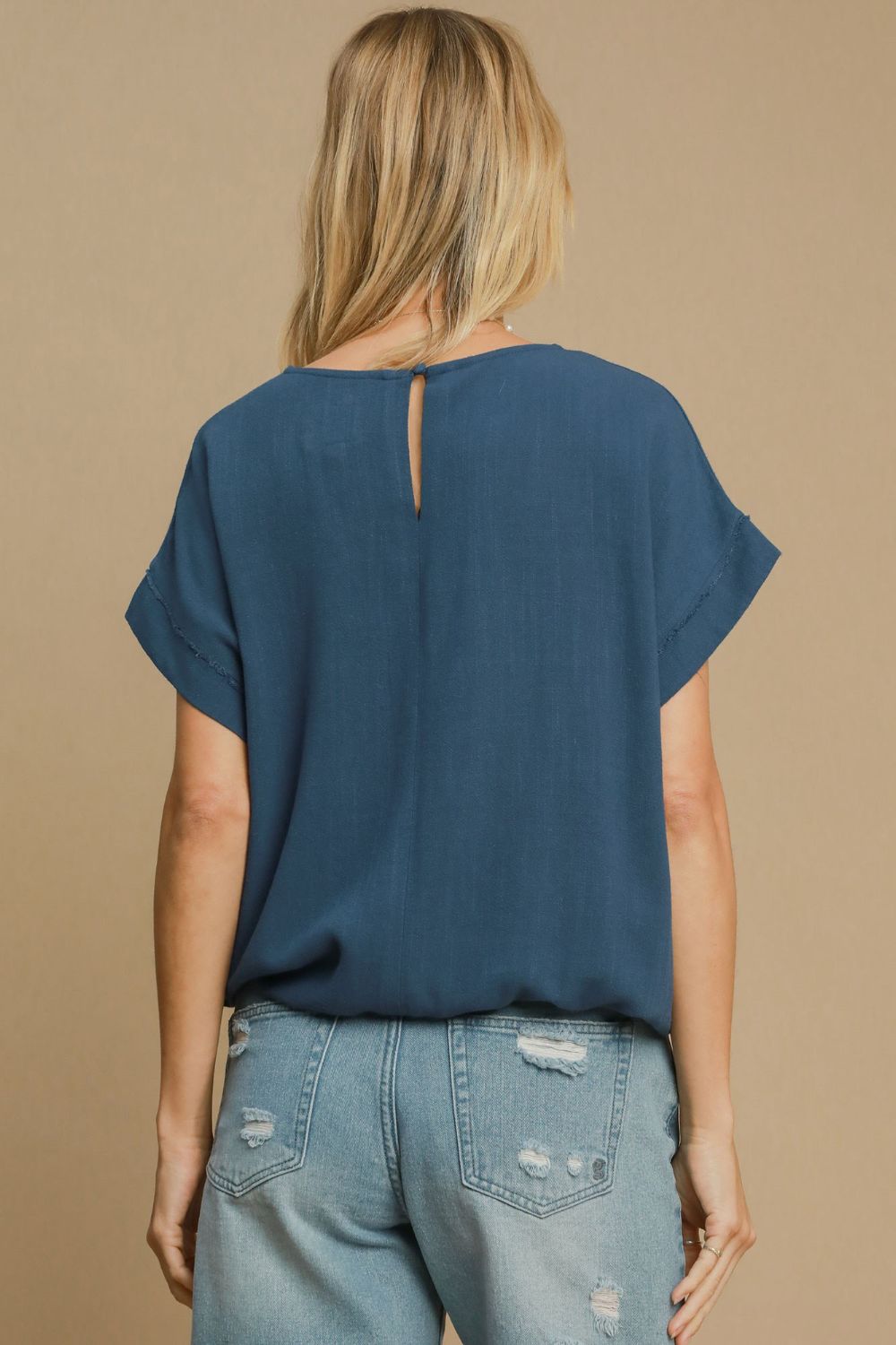 Blue Drawstring Hem Round Neck Short Sleeve T-Shirt