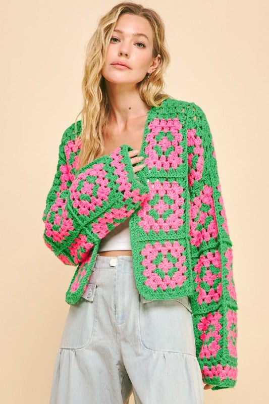 Boho Bloom Two-Tone Crochet Cardigan