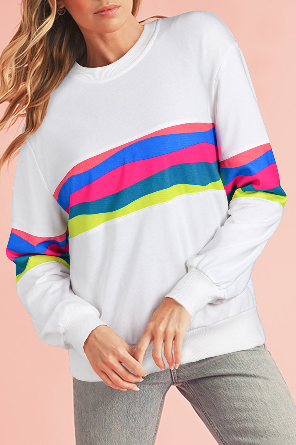 White Colorful Striped Round Neck Long Sleeve Top