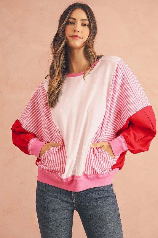 Rose Red Striped Patchwork Side Pocket Loose Sweatshirt