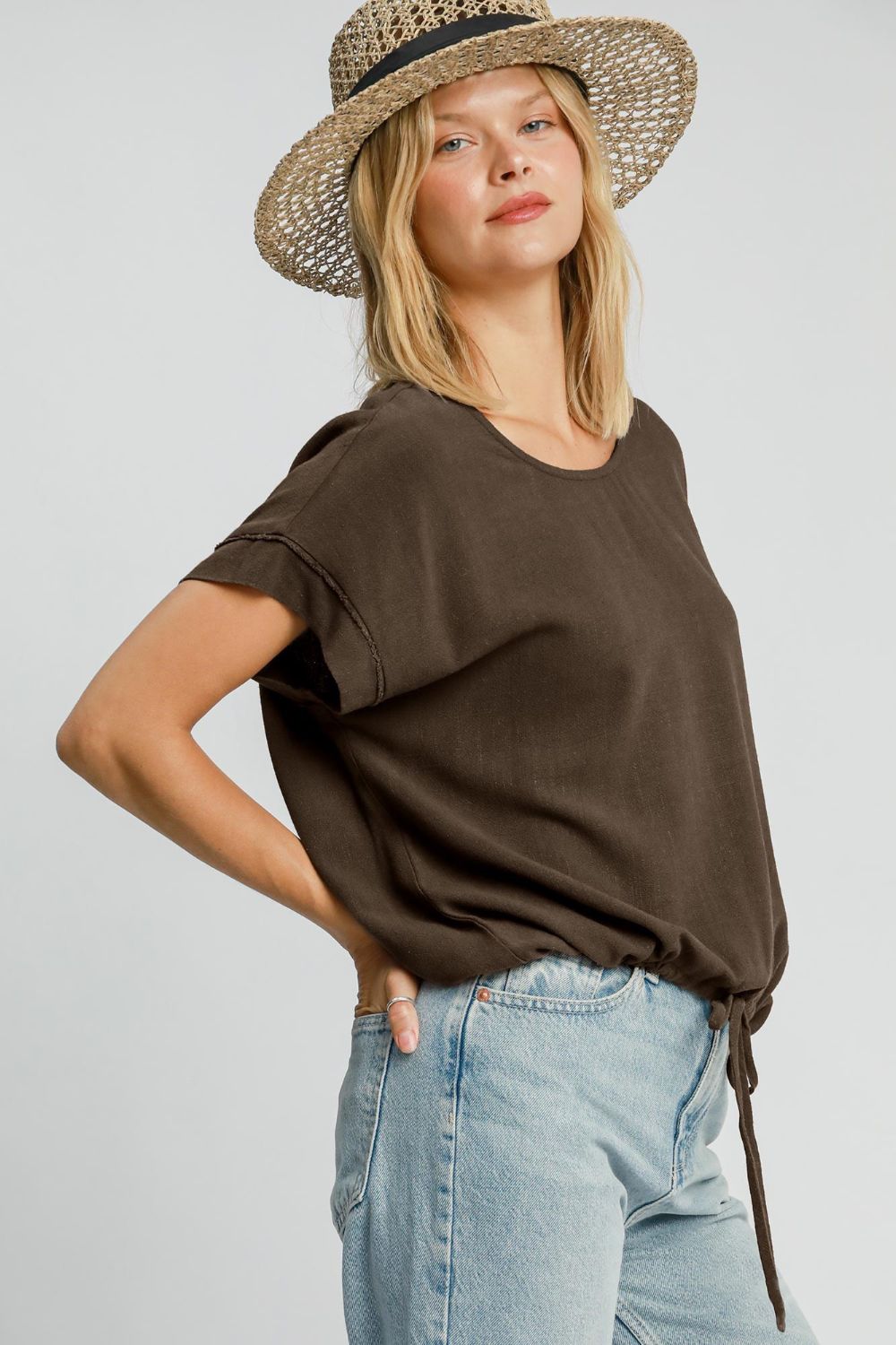 Brown Drawstring Hem Round Neck Short Sleeve T-Shirt