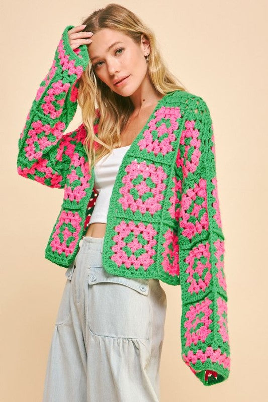 Boho Bloom Two-Tone Crochet Cardigan