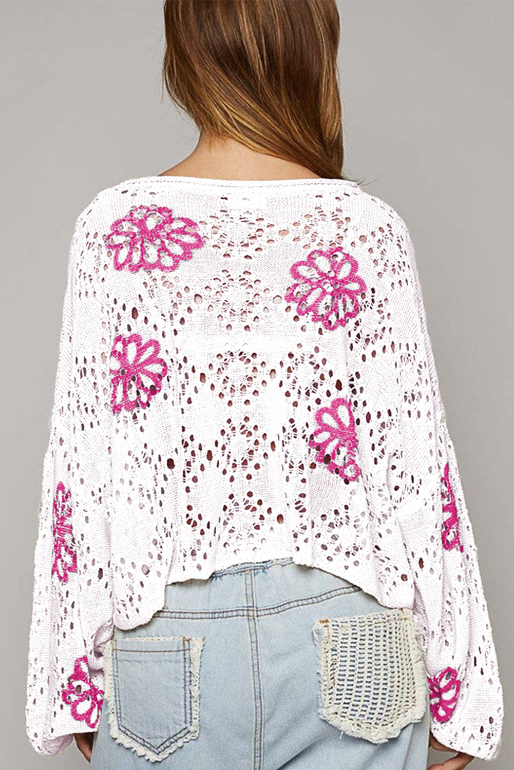 Beige Flower Print Drop Shoulder Hollow Knit Sweater