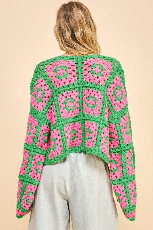 Boho Bloom Two-Tone Crochet Cardigan