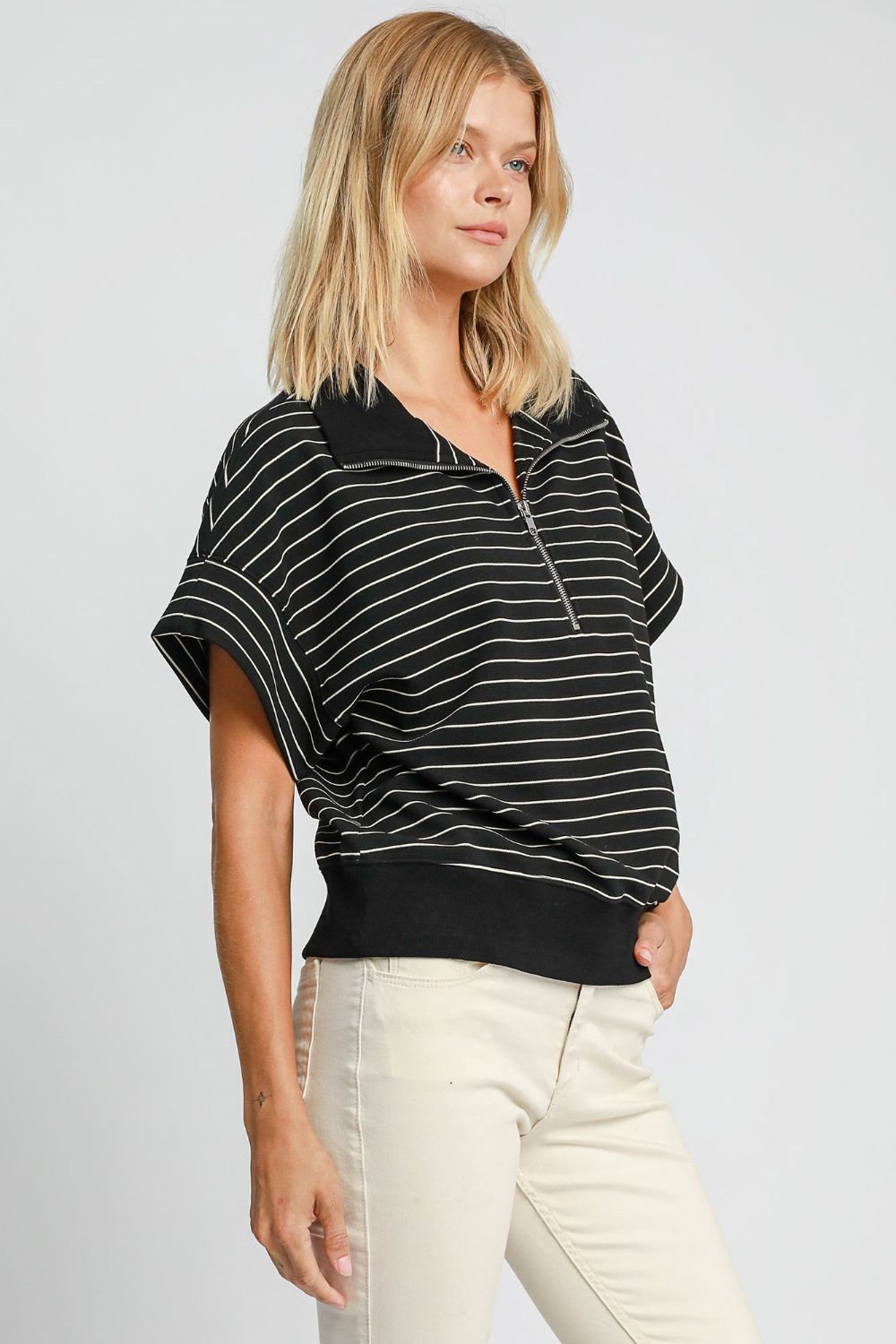 Striped Half Zip Short Sleeve Sweatshirt