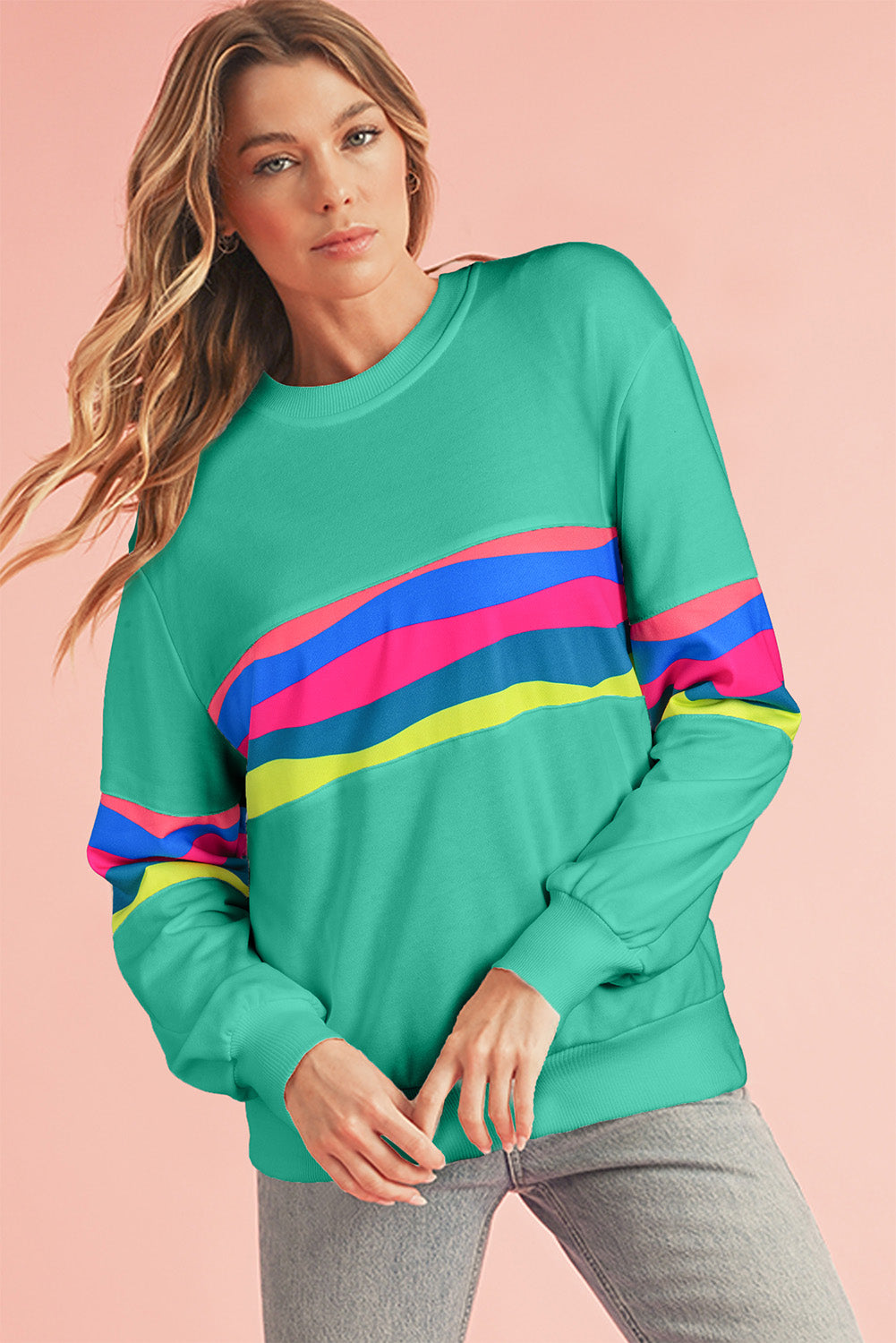 White Colorful Striped Round Neck Long Sleeve Top