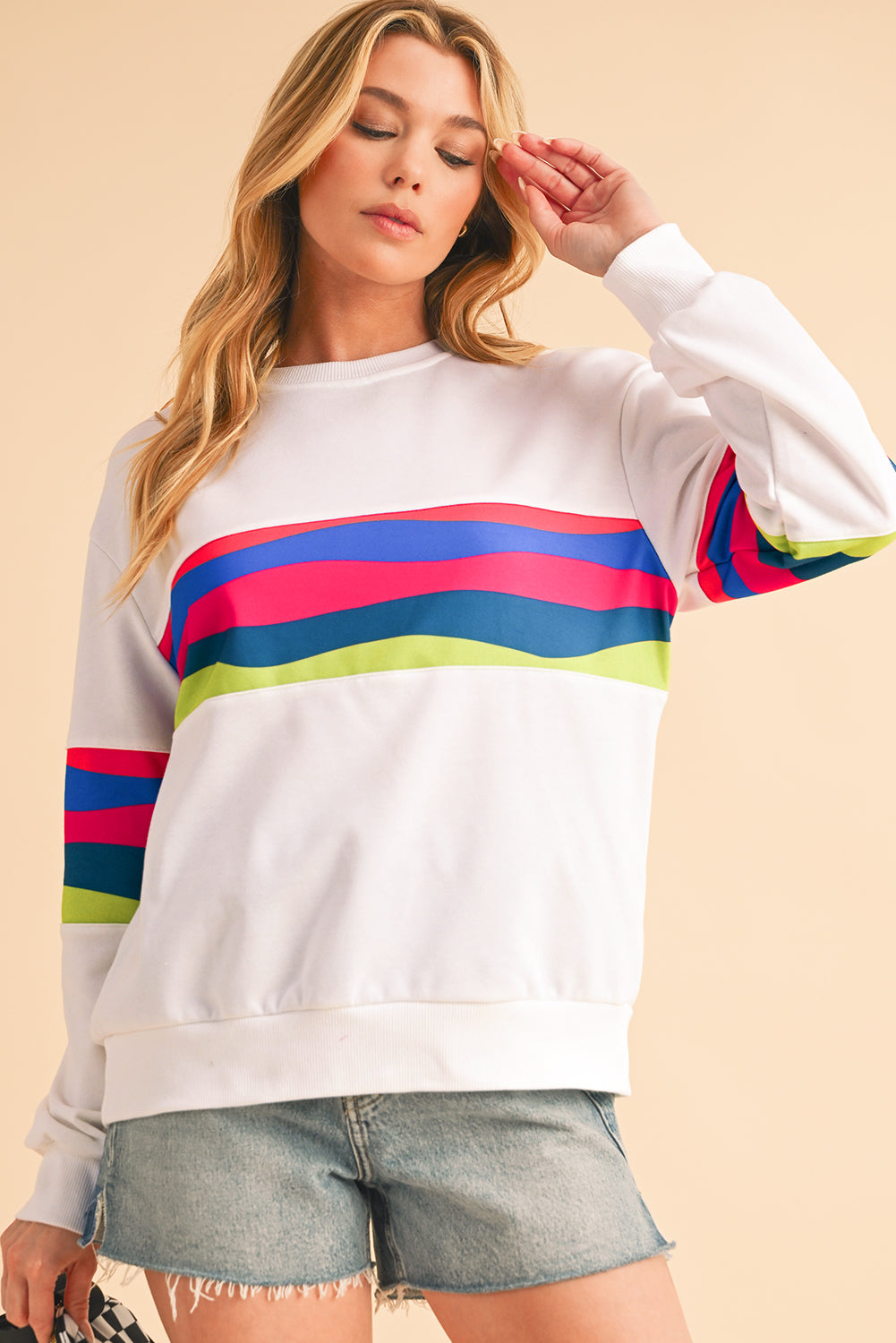 White Colorful Striped Round Neck Long Sleeve Top