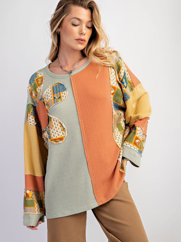 Women's Contrast Print Waffle Top Casual Loose Sweatshirt