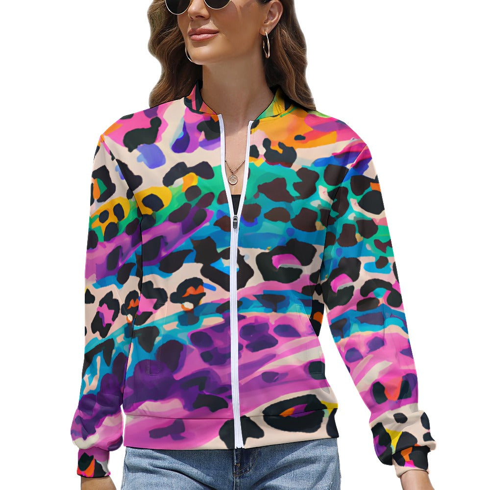 Color Painted Animal Print Long Sleeve Zipper Jacket - XS / White - Sport Finesse