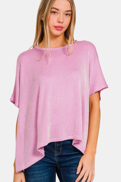 Mauve Ribbed Striped Oversized Short Sleeve Top