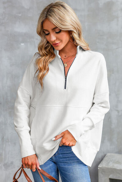 Half Zip Pocketed Dropped Shoulder Sweatshirt - White / S - Sport Finesse