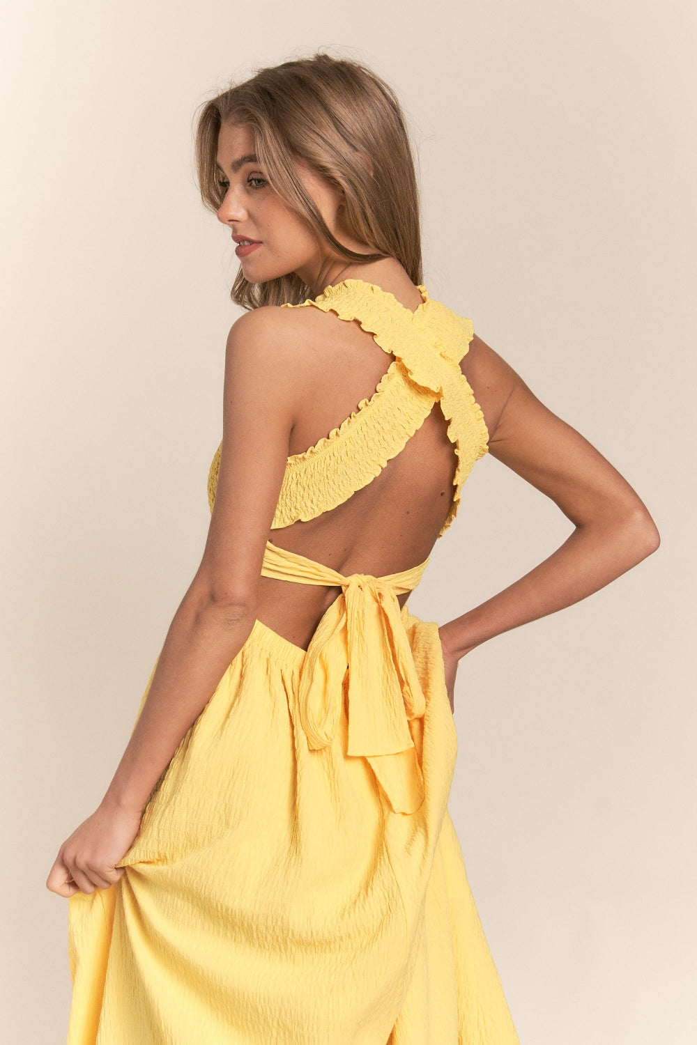 Texture Crisscross Back Tie Smocked Maxi Dress - Banana / S - Sport Finesse