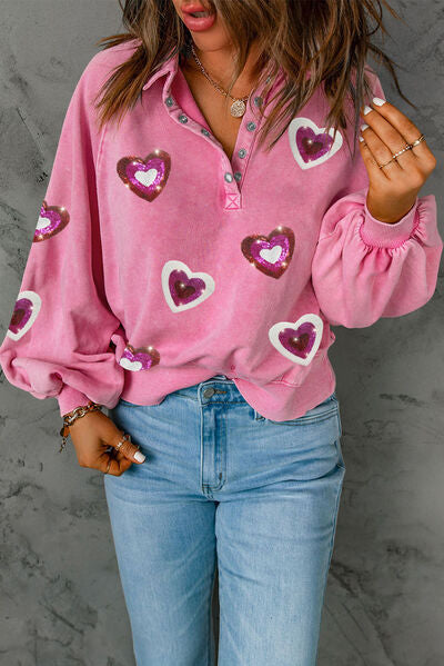 Heart Sequin Half Snap Collared Neck Sweatshirt - Carnation Pink / S - Sport Finesse