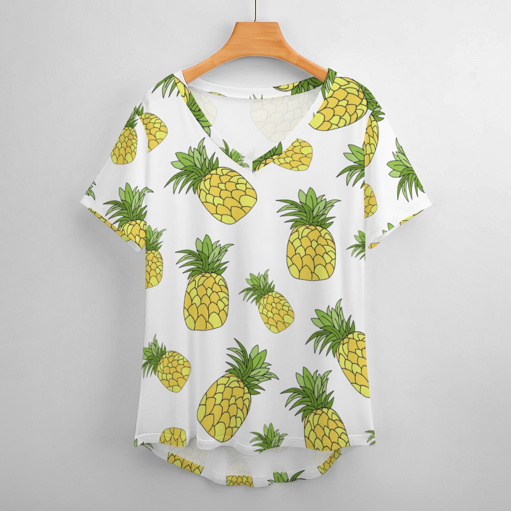 Pineapple Print Plus Size Ladies V-Neck Short Sleeve T-Shirt - XL - Sport Finesse