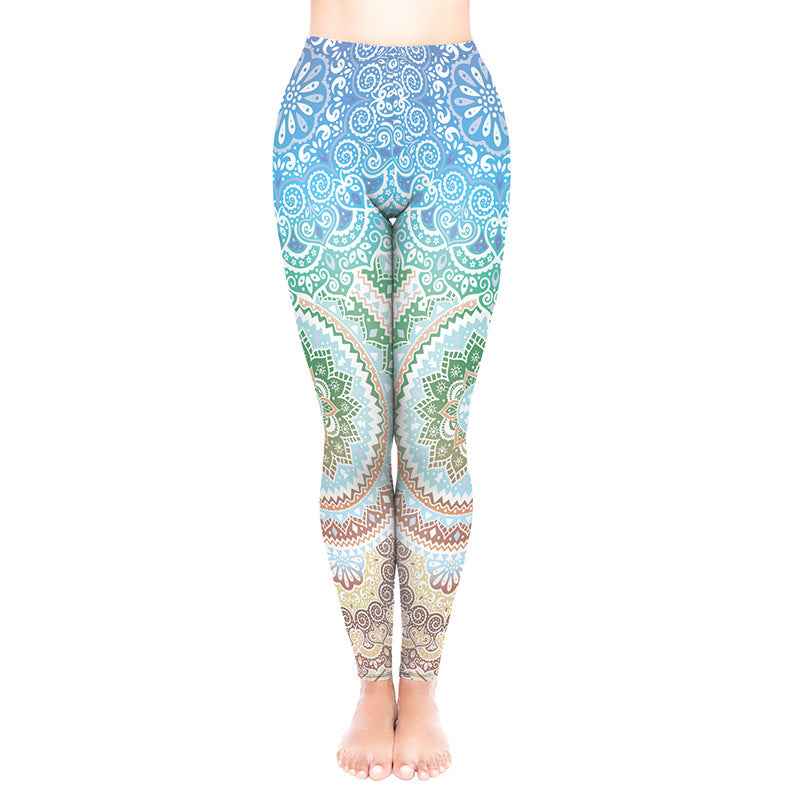 Mandala Flower Print Leggings - Green / Plus Size - Sport Finesse