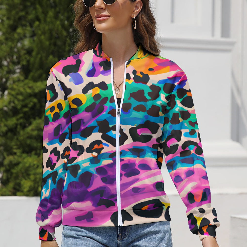 Color Painted Animal Print Long Sleeve Zipper Jacket - Sport Finesse