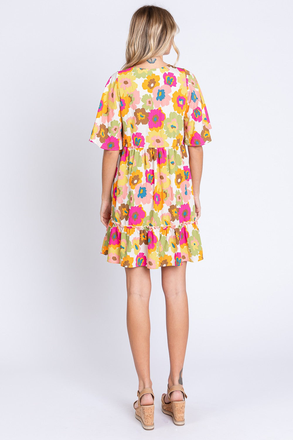 Full Size Floral V-Neck Ruffle Trim Mini Dress