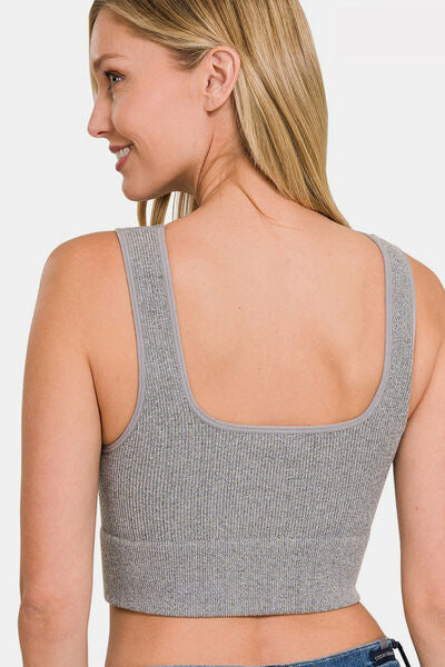 Grey Ribbed Square Neck Cropped Tank